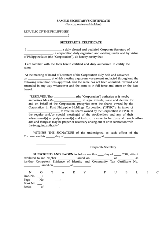 Sample Secretary'S Certificate Form printable pdf download