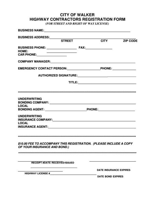 Highway Contractors Registration Form - City Of Walker Printable pdf