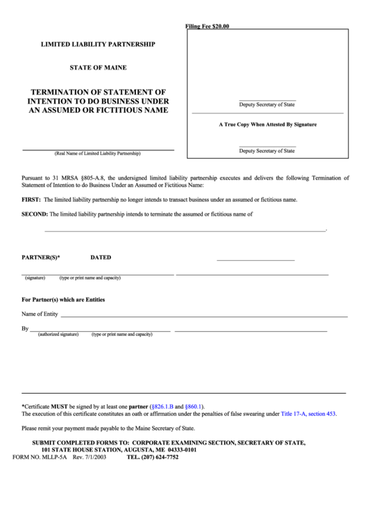 Fillable Form Mllp-5a - Termination Of Statement Of Intention To Do Business Under An Assumed Or Fictitious Name Printable pdf
