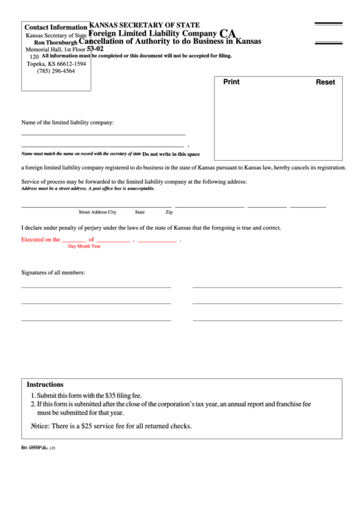Fillable Form Ca 53-02 - Foreign Limited Liability Company Cancellation Of Authority To Do Business In Kansas Printable pdf