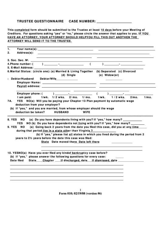 Form 010 - Trustee Questionnaire Printable pdf