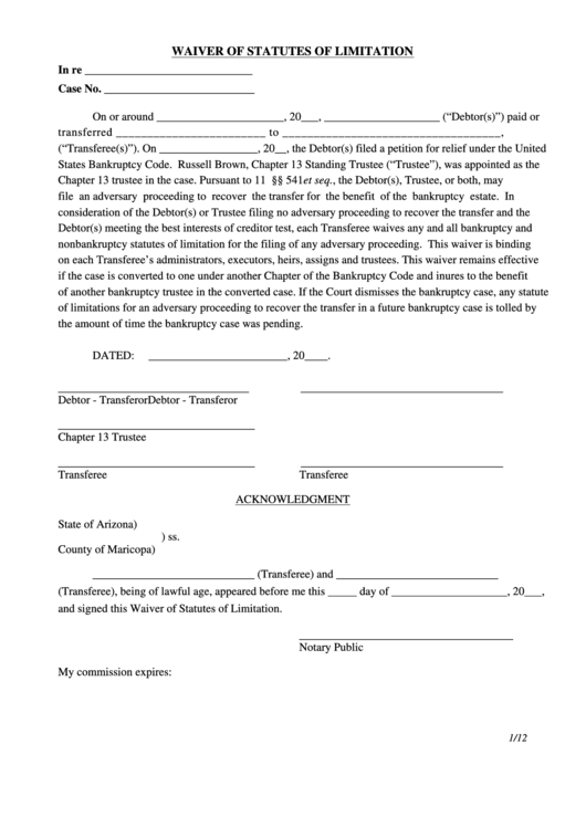 Fillable Waiver Of Statute Of Limitations Form - State Of Arizona, County Of Maricopa Printable pdf