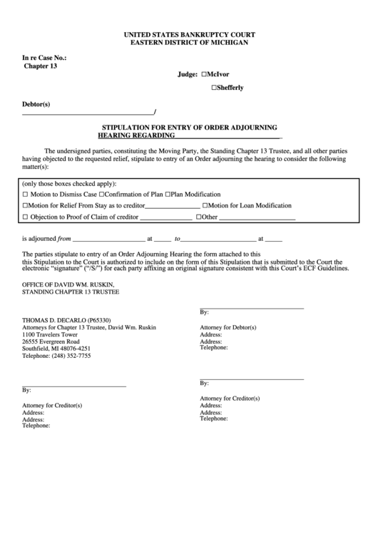Stipulation For Entry Of Order Adjourning Hearing Form - United States Bankruptcy Court Eastern District Of Michigan Printable pdf