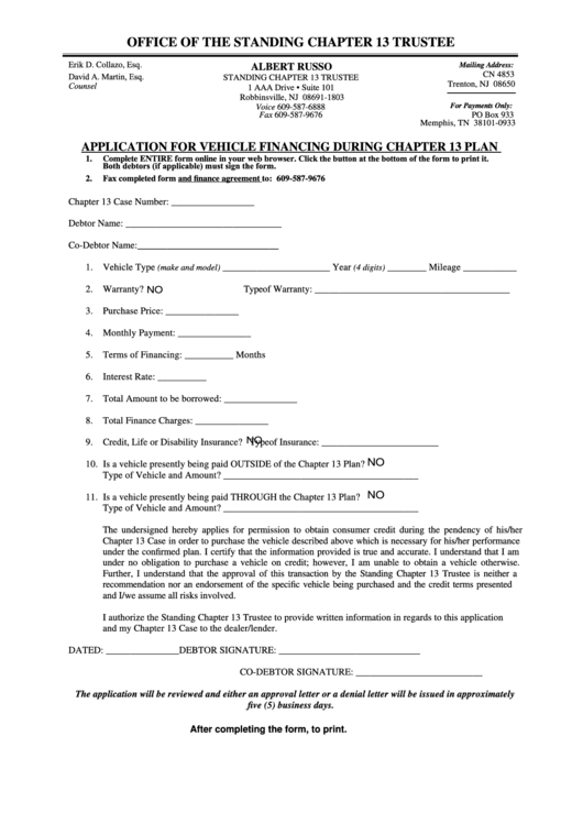 Fillable Application For Vehicle Financing During Chapter 13 Plan Form Printable pdf