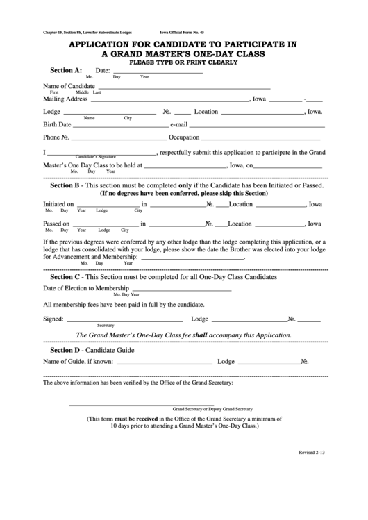 Iowa Official Form 45 - Pplication For Candidate To Participate In A Grand Master