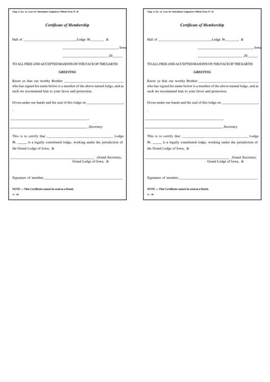 Iowa Official Form 26 - Certificate Of Membership - Grand Lodge Of Iowa, A.f. & A.m. Printable pdf