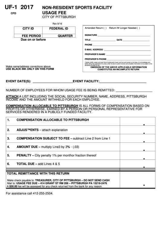 Form Uf-1 - Non-Resident Sports Facility Usage Fee - 2017 Printable pdf