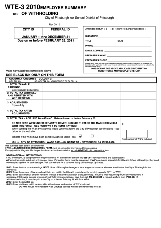 Form Wte-3 - Employer Summary Of Withholding - 2010 Printable pdf