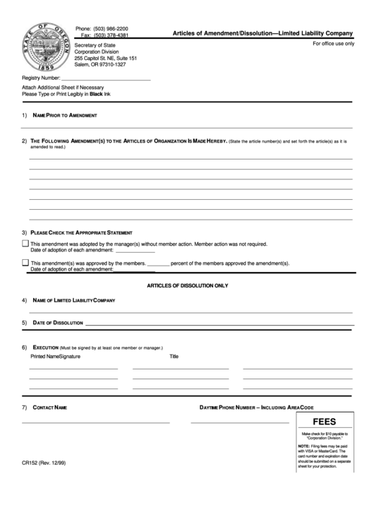 Fillable Form Cr152 - Articles Of Amendment/dissolution Limited Liability Company Printable pdf