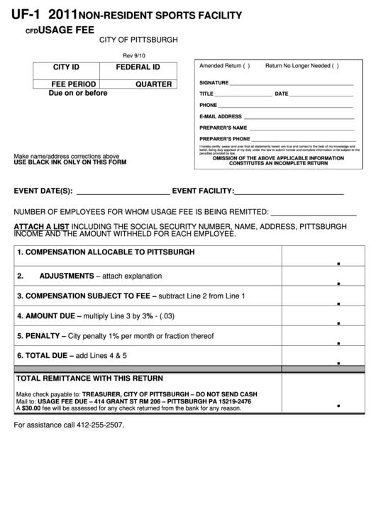 Form Uf-1 - Non-Resident Sports Facility Usage Fee - 2011 Printable pdf