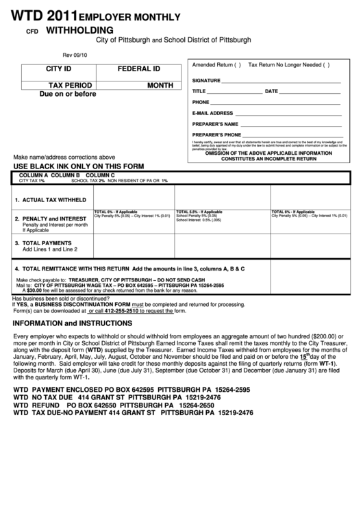 Form Wtd - Employer Monthly Withholding - City Of Pittsburgh - 2011 Printable pdf