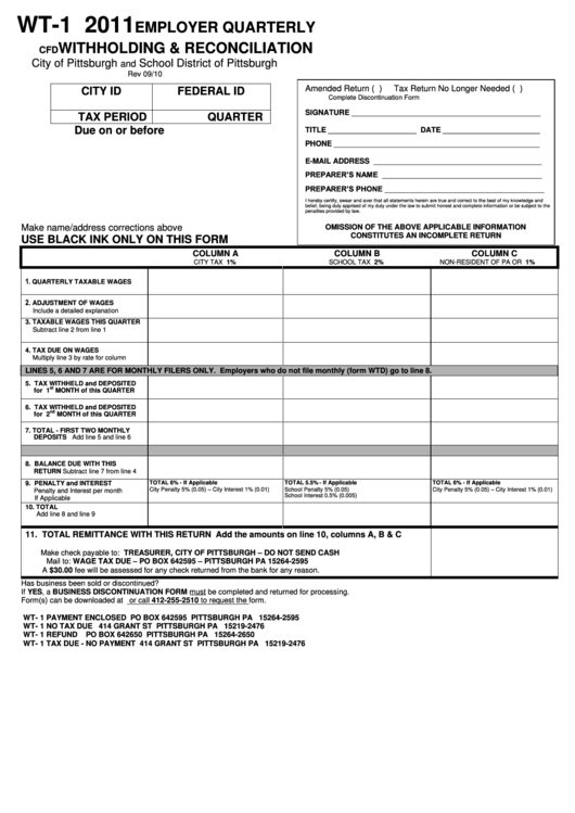 Form Wt-1 - Employer Quarterly Withholding & Reconciliation - 2011 Printable pdf
