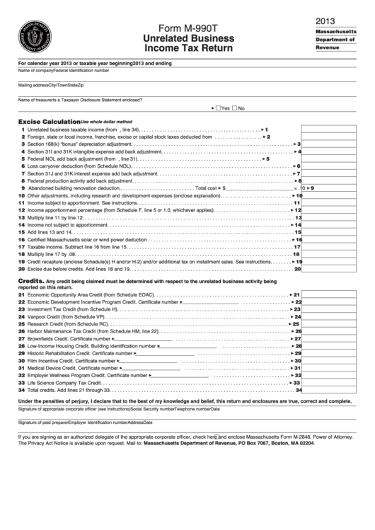 Form M-990t - Unrelated Business Income Tax Return 2013 - Massachusetts Department Of Revenue Printable pdf