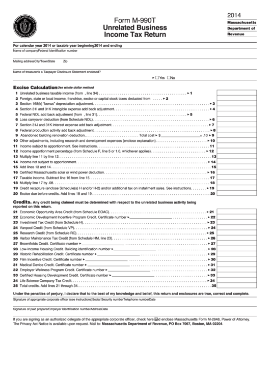 Form M-990t - Unrelated Business Income Tax Return - 2014 Printable pdf
