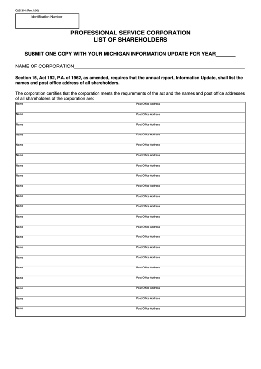 Form C&s 314 - Professional Service Corporation - List Of Shareholders Printable pdf