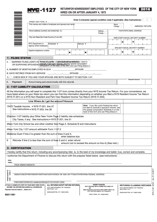 Form Nyc-1127 - Return For Nonresident Employees Of The City Of New York Hired On Or After January 4, 1973 - 2016 Printable pdf