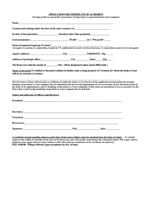 Application For Certificate Of Authority Printable pdf