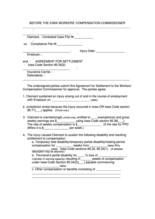Agreement For Settlement Form - Iowa Workers