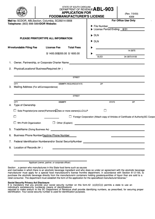 Form Abl-903 - Application For Food Manufacturer
