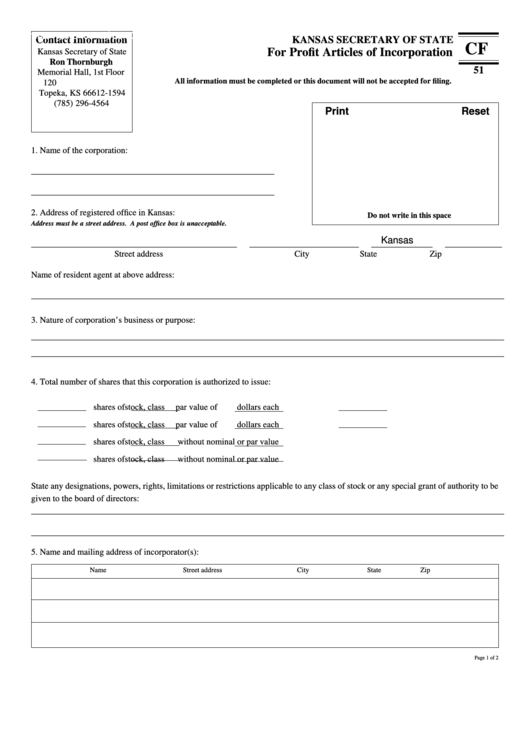Fillable Form Cf 51 - For Profit Articles Of Incorporation Printable pdf