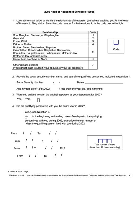 Fillable Form Ftb Pub. 1345a - 2002 Head Of Household Schedule (4803e) Printable pdf