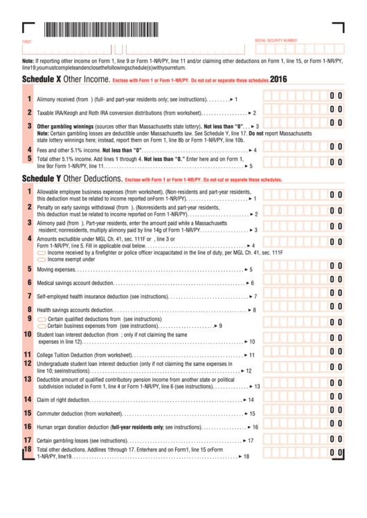 Massachusetts Form 1 - Schedule X, Schedule Y, Schedule Z, Schedule Di - 2016 Printable pdf