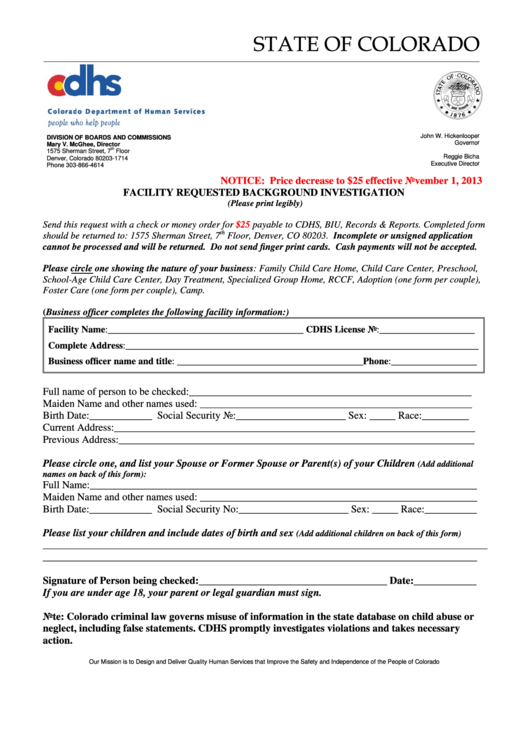 Facility Requested Background Investigation Form Printable pdf