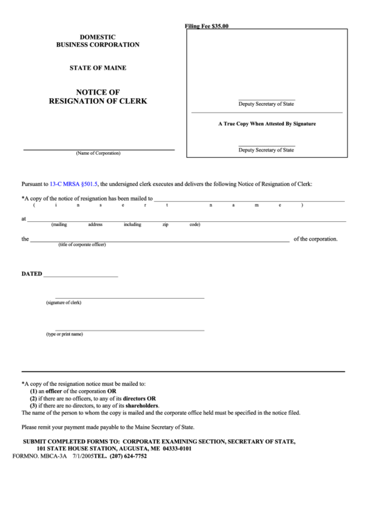 Fillable Form Mbca-3a - Notice Of Resignation Of Clerk 2005 Printable pdf