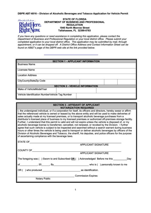 Form Dbpr Abt-6016 - Division Of Alcoholic Beverages And Tobacco Application For Vehicle Permit Printable pdf