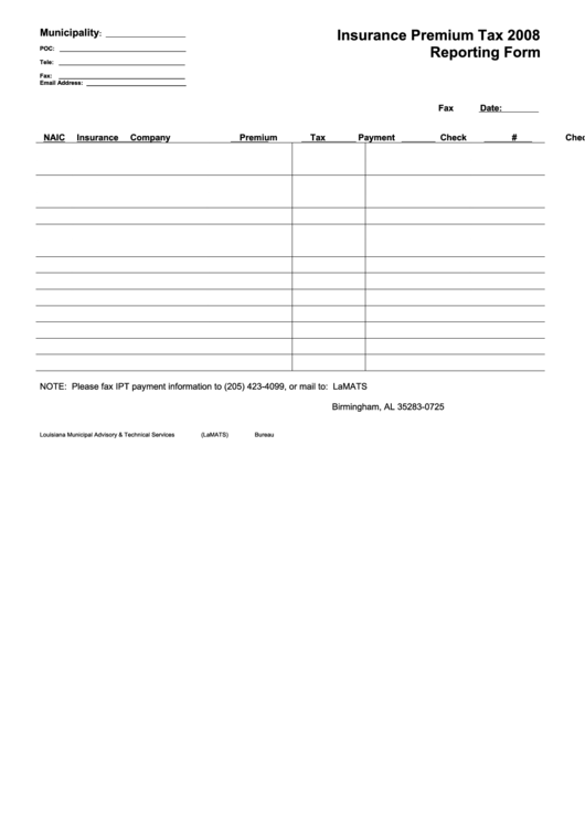 Insurance Premium Tax Reporting Form 2008 Printable pdf