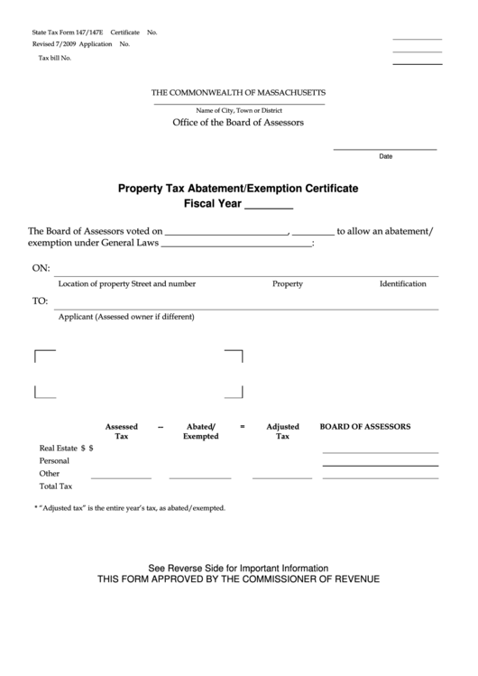 Fillable State Tax Form 147/147e - Property Tax Abatement/exemption Certificate Printable pdf