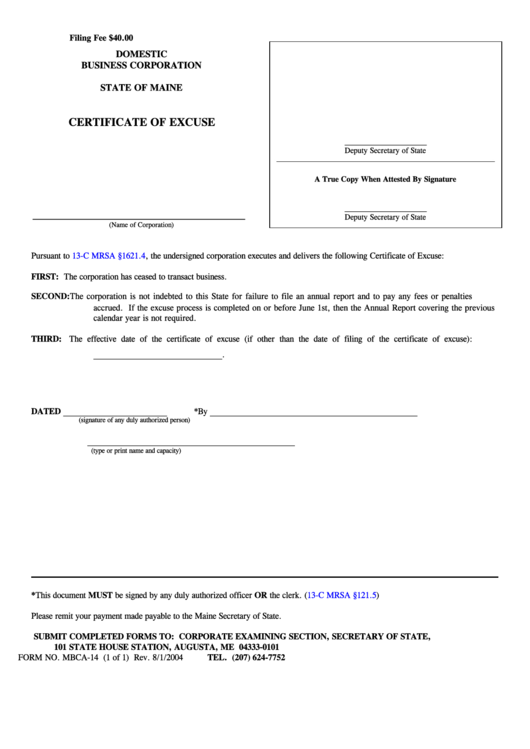 Fillable Form Mbca-14 - Certificate Of Excuse 2004 Printable pdf