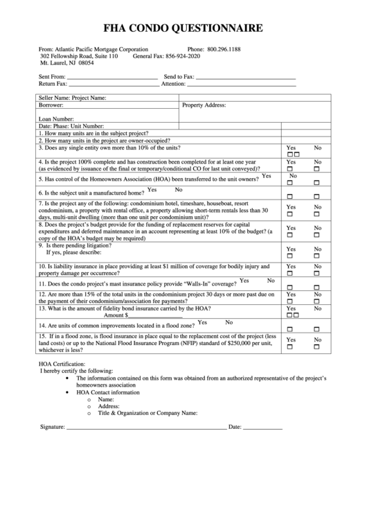 Fha Condo Questionnaire Form Printable pdf