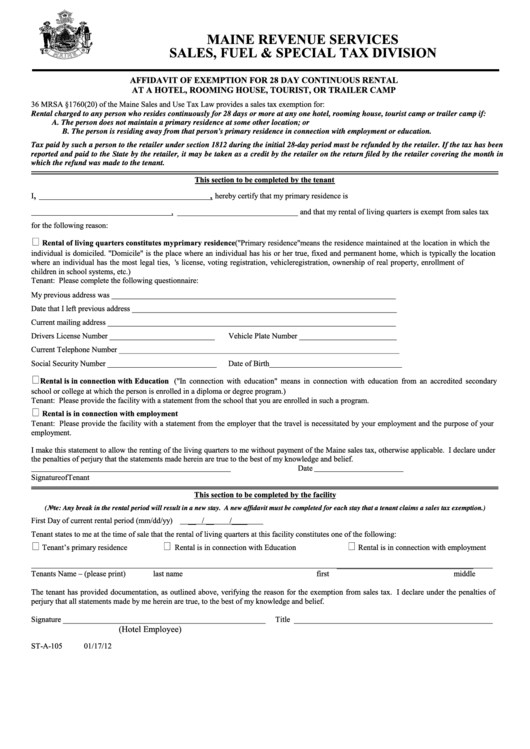 Form St-A-105 - Affidavit Of Exemption For 28 Day Continuous Rental At A Hotel, Rooming House, Tourist, Or Trailer Camp 2012 Printable pdf