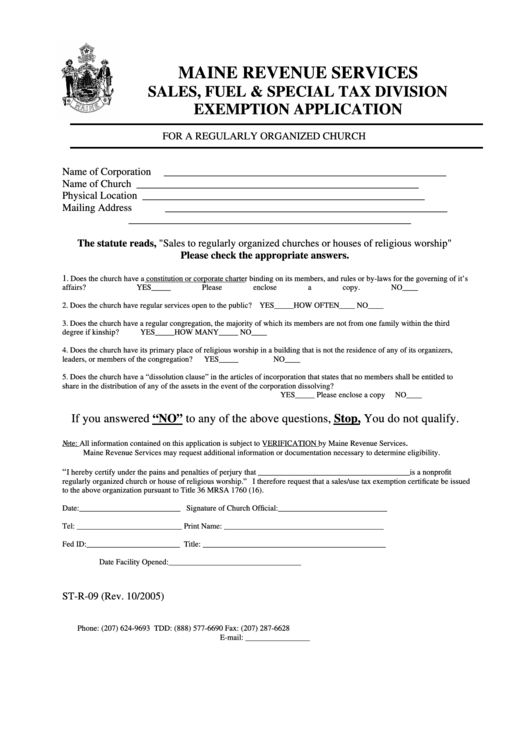 Form St-R-09 - Exemption Application For A Regularly Organized Church Printable pdf