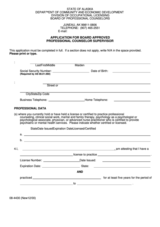 Form 08-4430 - Application For Board Approved Professional Counselor Supervisor Printable pdf