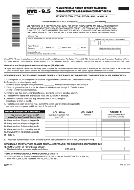 Form Nyc-9.5 - Claim For Reap Credit Applied To General Corporation Tax And Banking Corporation Tax - 2014 Printable pdf
