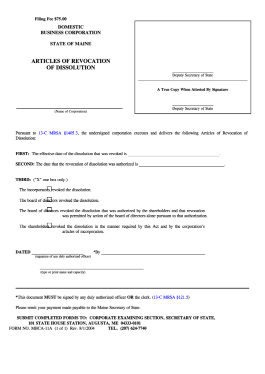 Fillable Form Mbca-11a - Articles Of Revocation Of Dissolution - 2004 Printable pdf