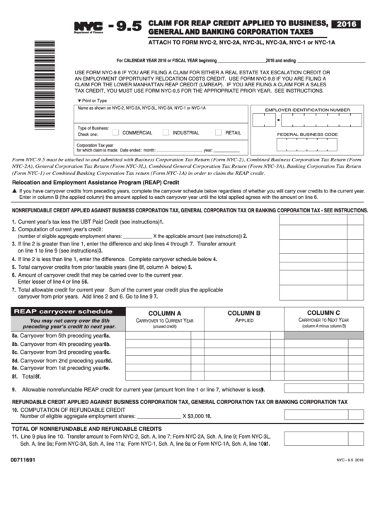 Form Nyc-9.5 - Claim For Reap Credit Applied To Business, General And Banking Corporation Taxes - 2016 Printable pdf