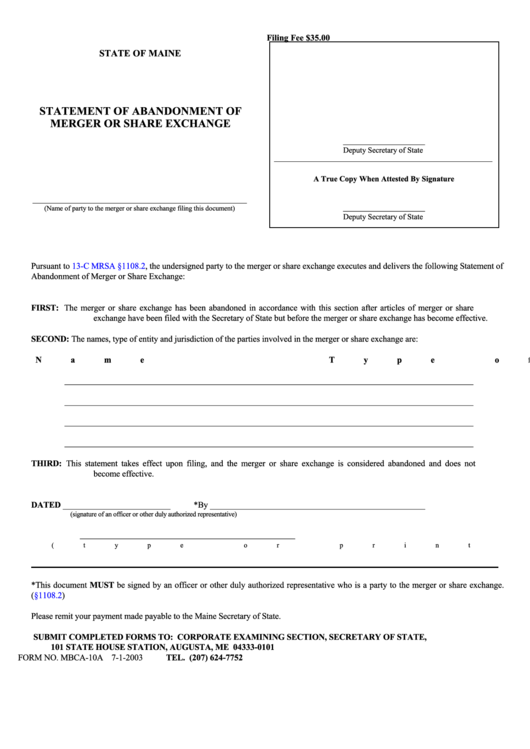 Fillable Form Mbca-10a - Statement Of Abandonment Of Merger Or Share Exchange 2003 Printable pdf