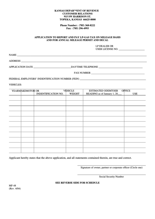 Form Mf-48 - Application To Report And Pay Lp-Gas Tax On Mileage Basis And For Annual Mileage Permit And Decal 2004 Printable pdf