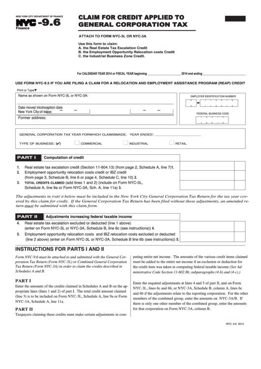 Form Nyc-9.6 - Claim For Credit Applied To General Corporation Tax - 2014 Printable pdf