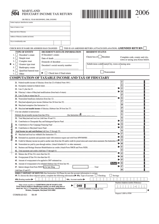 Fillable Form 504 - Maryland Fiduciary Income Tax Return - 2006 Printable pdf