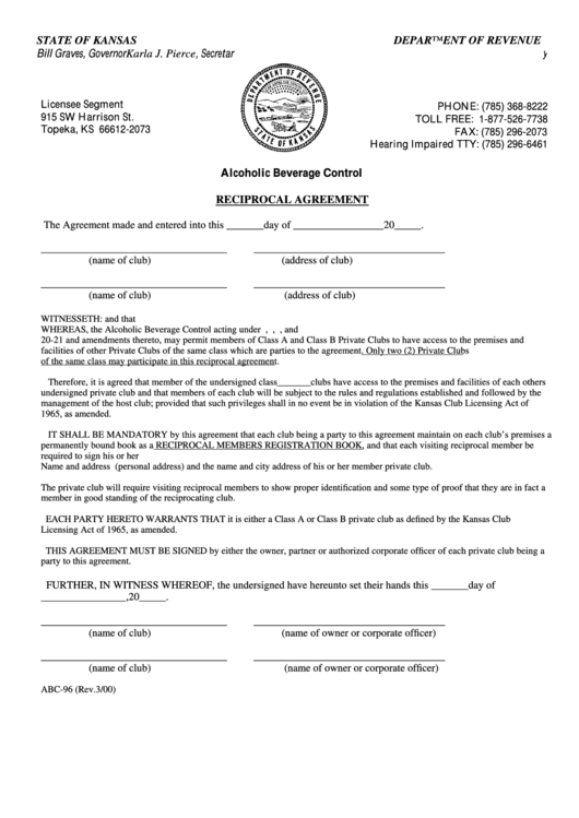 Form Abc-96 - Reciprocal Agreement 2000 Printable pdf