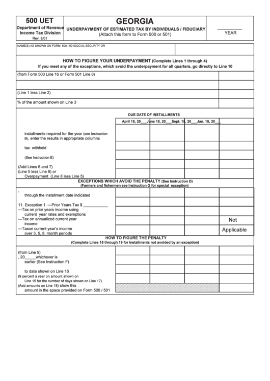Form 500 Uet - Underpayment Of Estimated Tax By Individuals/fiduciary - Department Of Revenue - Income Tax Division - Georgia Printable pdf