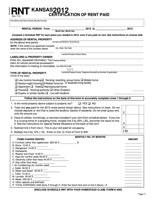 Schedule Rnt - Kansas Certification Of Rent Paid - 2012 Printable pdf