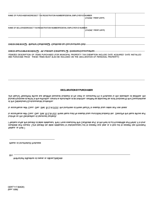 Form Cert-117 - Declaration By Purchaser - 1999 Printable pdf