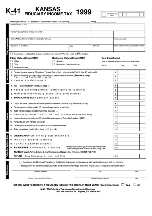 Form K-41 - Kansas Fiduciary Income Tax - 1999 Printable pdf