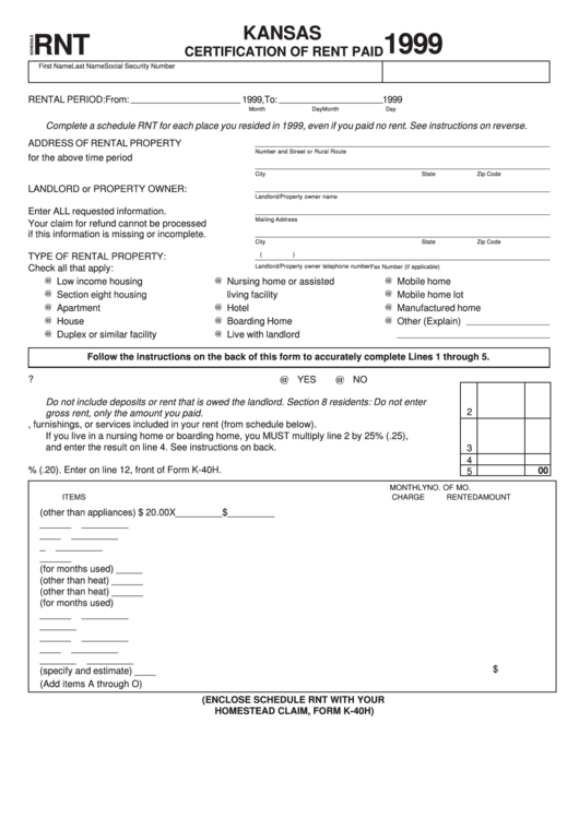 Schedule Rnt - Kansas Certification Of Rent Paid - 1999 Printable pdf
