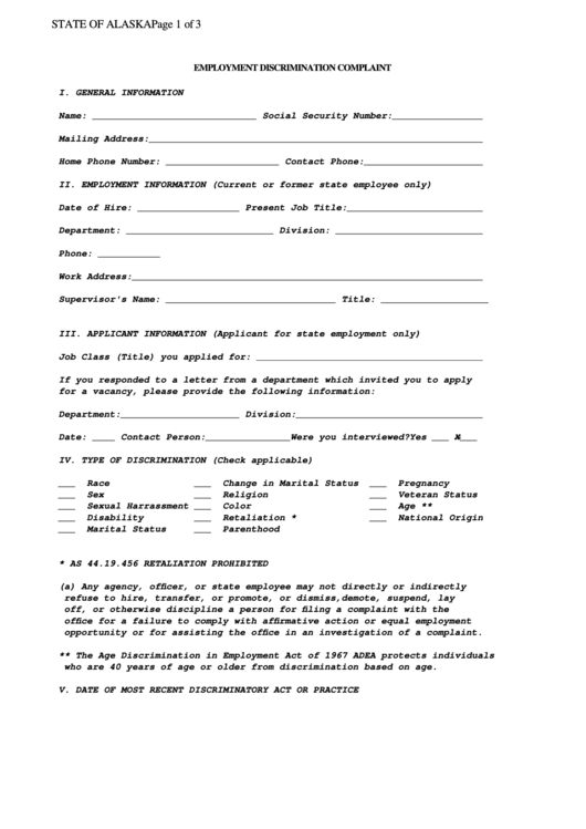 Employment Discrimination Complaint Form Printable pdf
